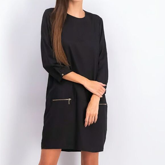 Calvin‎ Klien Long Sleeve Black Shift Dress Size Large, Zip Pockets - Picture 1 of 7